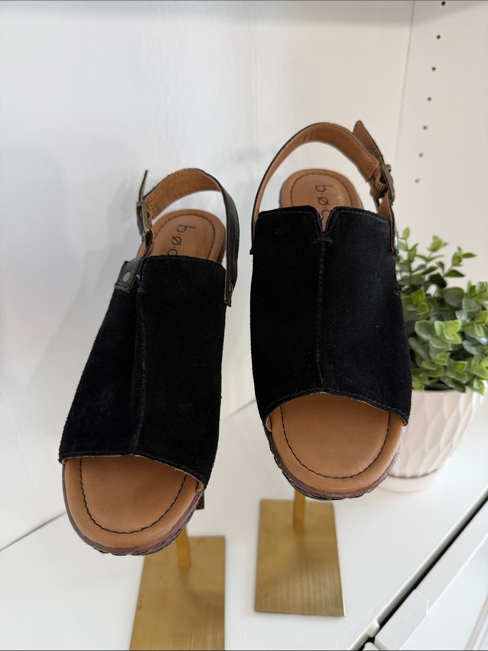 b.o.c. Black Suede Open-Toe Slingback Sandals with Tan Footbed